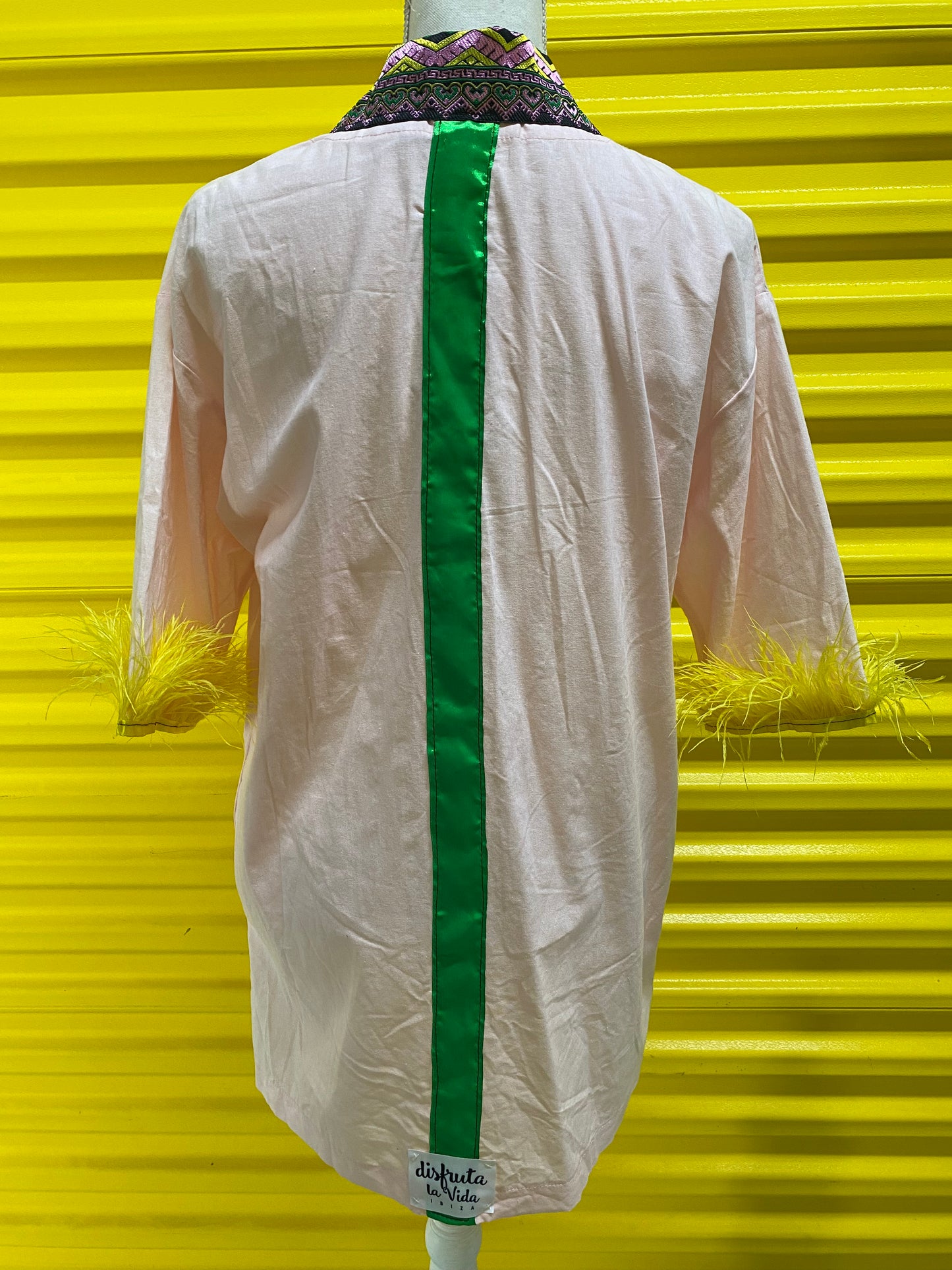 Kimono en coton rose et plume Disfruta la vida Ibiza